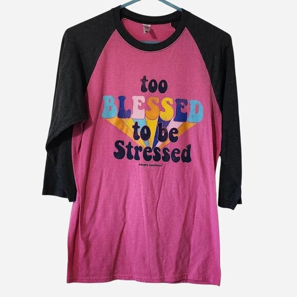 Simply Southern Tops - Simply Southern pink and black "Too Blessed To Be Stressed" baseball tee Size S